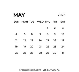 Modelo de calendário de maio para 2025 ano. Calendário de parede em um estilo minimalista.