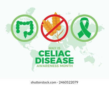 Mayo es la Ilustración vectorial de afiches del Mes de Concientización sobre la Enfermedad Celíaca. Icono de cinta e intestino de conciencia verde. Símbolo de intolerancia al gluten. Plantilla de fondo, Anuncio, tarjeta. Día importante