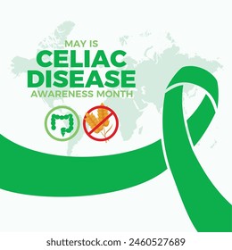 Mai est l'affiche du Mois de sensibilisation aux maladies coeliaques  illustration vectorielle. Icône grise et ruban de conscience verte. Symbole d'intolérance au gluten. Template d'arrière-plan, bannière, carte. Jour important
