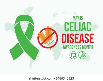 Mai est l'affiche du Mois de sensibilisation aux maladies coeliaques  illustration vectorielle. Icône ruban de conscience verte et système digestif. Symbole d'intolérance au gluten. Template d'arrière-plan, bannière, carte. Jour important