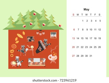 May. Colorful monthly calendar for 2018 with cute raccoon. Lovely page design for kids. Cozy house with green roof in the forest.