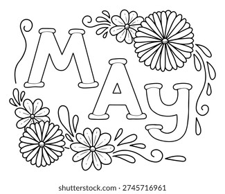 May coloring page. Hand drawn vector. Spring. Calendar month. Branch with flowers. Seasonal bloom. Leaves buds. Pretty bouquet of daisies. Coloring book for children and adults.