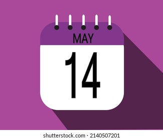 May day 14. Calendar icon on a white paper with purple color border on a pink background vector.