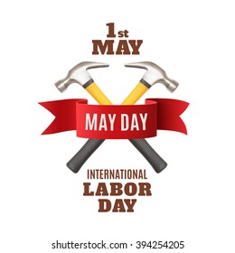 May Day. May 1st. Labor Day background with two hummers and red ribbon. Poster, greeting card or brochure template isolated on white. Vector illustration.