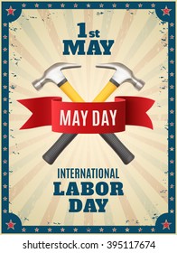 May Day. May 1st. Labor Day background with two hummers and red ribbon. Poster, greeting card or brochure template with colorful rays and stars. Vector illustration.