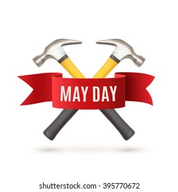 May Day. May 1st. Labor Day background with two hummers and red ribbon. Poster, greeting card or brochure template isolated on white. Vector illustration.