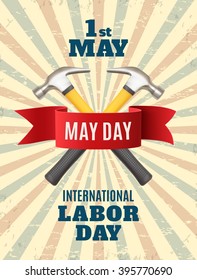 May Day. May 1st. Labor Day background with two hummers and red ribbon. Poster, greeting card or brochure template with colorful rays. Vector illustration.