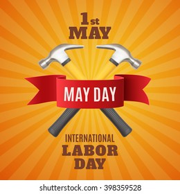 May Day. May 1st. Labor Day background with two hummers and red ribbon. Poster, greeting card or brochure template. Vector illustration.