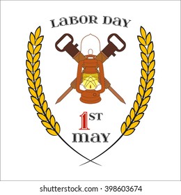 May Day. May 1st. Labor Day Icon with two crossed jackhammers and lantern over white . Element for poster, greeting card or brochure template, logo, symbol of work and labor, vector icon