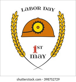 May Day. May 1st. Labor Day Icon with helmet over white . Element for poster, greeting card or brochure template, logo, symbol of work and labor, vector icon