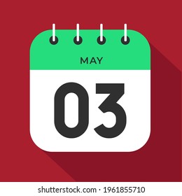 3 de mayo. Número tres en un papel blanco con borde de color verde sobre un vector de fondo rojo.