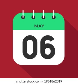 Día 6 de mayo. Número seis en un papel blanco con borde de color verde sobre un vector de fondo rojo.