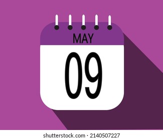 Día 9 de mayo. Icono de calendario en un papel blanco con borde de color púrpura en un vector de fondo rosado.