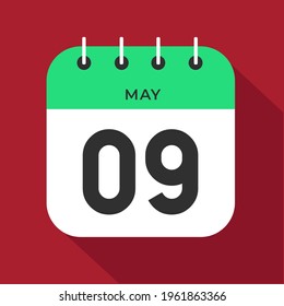 May day 9. Number nine on a white paper with green color border on a red background vector.