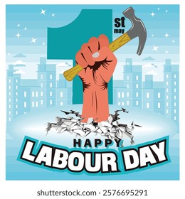 May Day celebrating labor with a raised fist holding a hammer, symbolizing unity and strength. Flat vector modern illustration 