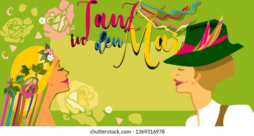 May Day celebration with german text -dance into may. Authentic Bavarian Maifest (Spring festival).Vector for design flyer, invitation, card, poster.