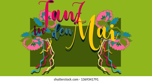 May Day celebration with german text -dance into may. Authentic Bavarian Maifest (Spring festival).Vector for design flyer, invitation, card, poster.