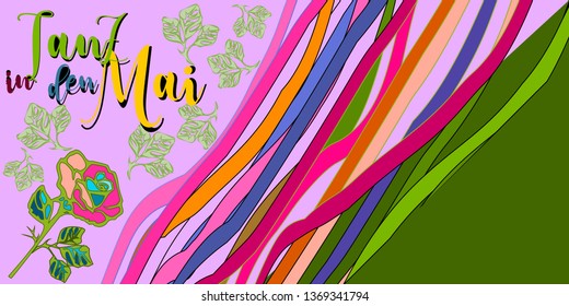 May Day celebration with german text -dance into may. Authentic Bavarian Maifest (Spring festival).Vector for design flyer, invitation, card, poster.