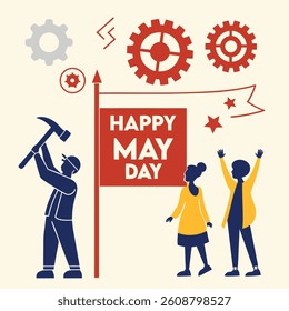May Day Celebration Illustration: Symbolic artwork of worker celebrating May Day, with bold shapes and colors, celebrating the value of work and solidarity of workers