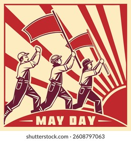 May Day Celebration: A stylized representation of May Day festivities, featuring workers marching and waving flags against a backdrop of vibrant rays and a rising sun.