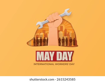 May Day concept art with hand holding a wrench over a city skyline. Cut paper-style vector perfect for labor celebrations and worker advocacy.