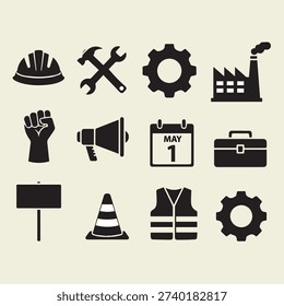 May Day flat vector silhouette icon set featuring Labour Day elements such as helmet, tools, factory, megaphone, raised fist, protest sign, and industrial symbols. Black minimal silhouettes isolated on white background in clean modern style. Perfect for Labour Day posters, presentations, social media, educational content, branding, and digital projects.