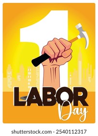 May Day with hand holding hammer. Silhouettes of urban buildings on a yellow background. Labor Day concept. Flat vector illustration.