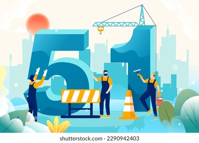 May Day, laborers are cleaning and building the city, with mountains and plants in the background, vector illustration