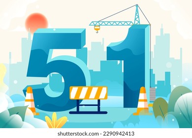 May Day, laborers are cleaning and building the city, with mountains and plants in the background, vector illustration
