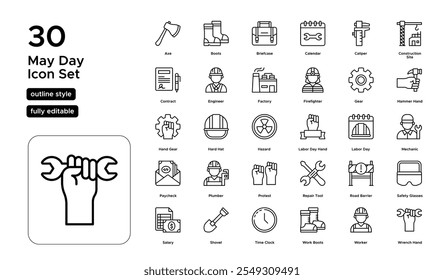May Day Line Icon Set: Workers' Movements, Protests, and Labor Advocacy Icons