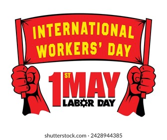 Afiche propagandístico del Primero de Mayo. Manos sosteniendo una pancarta roja con felicitaciones por el Día Internacional de los Trabajadores. Plantilla de vector sobre fondo transparente