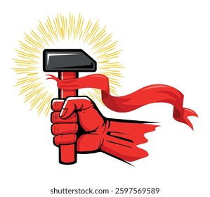 May Day red fist with hammer and flag. Labour Day vector template for greeting card on transparent background - Powered by Shutterstock - Get 15% off with code: PIKWIZARD15