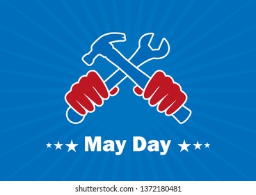 May Day vector. Hands with tools vector. Honoring workers icon. Labor Day illustration. Important day