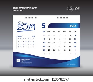 MAY Desk Calendar 2019 Template, Week starts Sunday, Stationery design, flyer design vector, printing media creative idea design, blue background