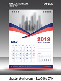 MAY- Desk Calendar 2019 Template, flyer design vector, Blue orange concept layout, monthly planner, Week starts on Sunday, vertical artwork