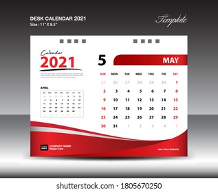 May Desk Calendar 2021 Template, Week starts Sunday, Stationery design, flyer design vector, printing media creative idea design, Red background