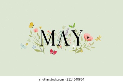 May with dragonflies, butterflies and flowers. Vector illustration
