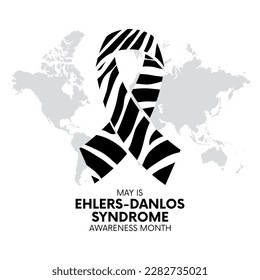 May es la ilustración vectorial del Mes de Concienciación del Síndrome de Ehlers-Danlos. Icono de la cinta de reconocimiento EDS en blanco y negro. Cinta de cebra y vector de mapa mundial sobre un fondo blanco. Día importante