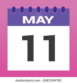 11. Mai Kalender, der das Datum in weißen und violetten Farbtönen vor einem lebendigen rosa Hintergrund anzeigt; einfach, sauber und visuell auffällig, Erfassung der wesentlichen Daten.