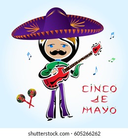 May Festival Vector illustration. 5 Of May Holiday Vector. Celebration May 5 banner with maracas, guitar, pepper and musician with a mustache. Cinco de mayo