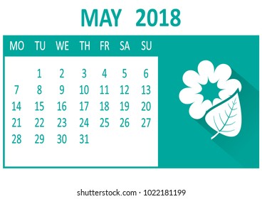 May. Fifth page of set. Calendar 2018, template. Week starts from Monday. Vector illustration