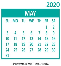 May. Fifth page of set. Calendar 2020, template. Week starts from Sunday. Vector illustration