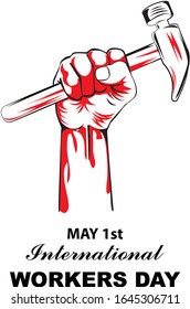 Primer Día Internacional del Trabajo de mayo. Día Internacional de los Trabajadores con, sosteniendo martillo, ilustración creativa Vector sobre fondo blanco.