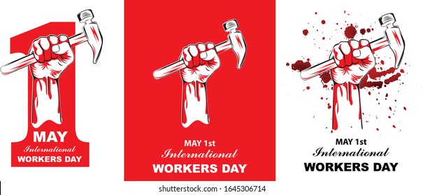 Mai erster Internationaler Arbeitstag. Internationaler Arbeitstag mit Hammer, Blutsplash, kreativer Vektorillustration auf rotem und weißem Hintergrund.