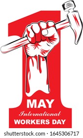 Primer Día Internacional del Trabajo de mayo. Día Internacional de los Trabajadores con, sosteniendo martillo, ilustración creativa Vector sobre fondo blanco.