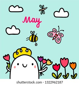 May hand drawn illustration with cute marshmallow gathering tulips cartoon minimalism