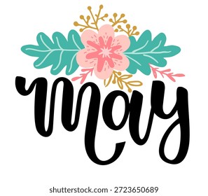 Pode escrever com letras à mão. Vetor mês de MAIO simples com folhagem de primavera e flores. O mês da ilustração pode ser plano de fundo. Ilustração vetorial isolada sobre fundo branco.