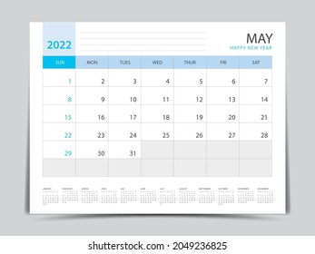 Diseño de diseño de mayo, plantilla de calendario 2022 año, Planner simple, calendario de escritorio 2022 diseño, Semana empieza el domingo, diseño de calendario de pared, medios de impresión, publicidad, organizador de oficina, vector
