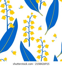 May lilies of the valley. Seamless floral cute pattern with white background for textiles, fabrics. Vector.