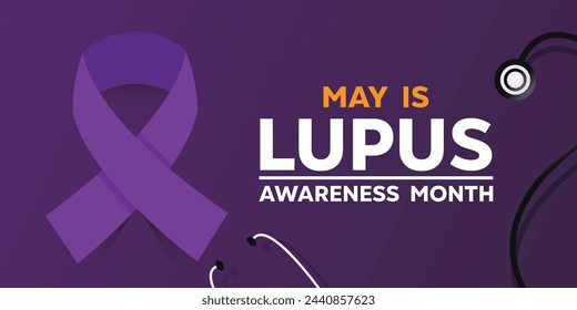 May is Lupus Awareness Month.  stestoscope and ribbon. Great for cards, banners, posters, social media and more. Purple background.